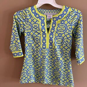 Gretchen Scott V-Neck Lime & Blue Geometric Tunic